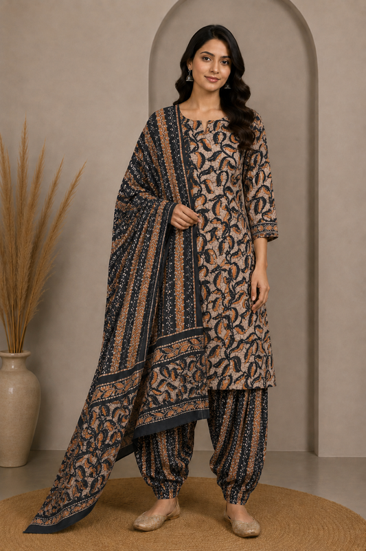 Wax Batik Cotton Three Colour Full Printed Hand Block Print Dress Material with 44 Inch wide Dupatta - 2.5 Mt Top    -  SKU : RA0540BE