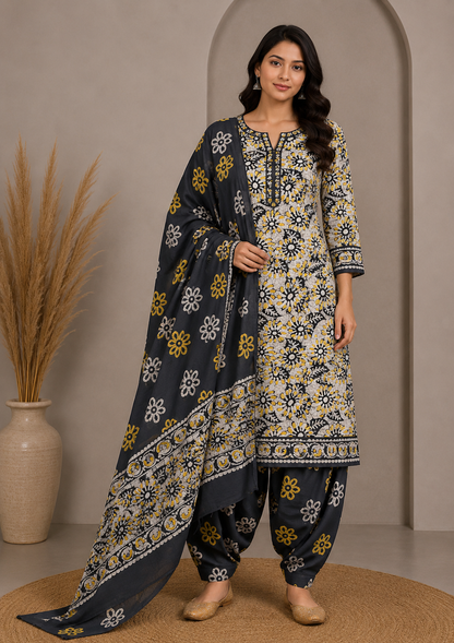 Wax Batik Cotton Three Colour Full Printed Hand Block Print Dress Material with 44 Inch wide Dupatta - 2.5 Mt Top    -  SKU : RA12C01C