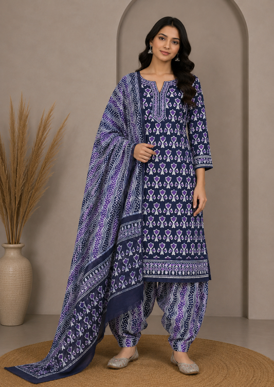 Wax Batik Cotton Three Colour Full Printed Hand Block Print Dress Material with 44 Inch wide Dupatta - 2.5 Mt Top    -  SKU : RA05401U