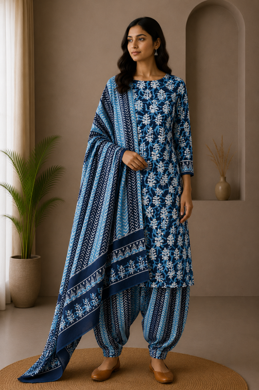 Wax Batik Cotton Three Colour Full Printed Hand Block Print Dress Material with 44 Inch wide Dupatta - 2.5 Mt Top    -  SKU : RA05401K