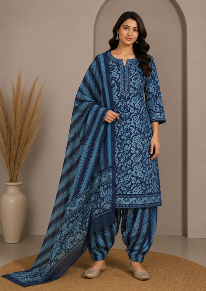 Wax Batik Cotton Three Colour Full Printed Hand Block Print Dress Material with 44 Inch wide Dupatta - 2.5 Mt Top    -  SKU : RA0540AH