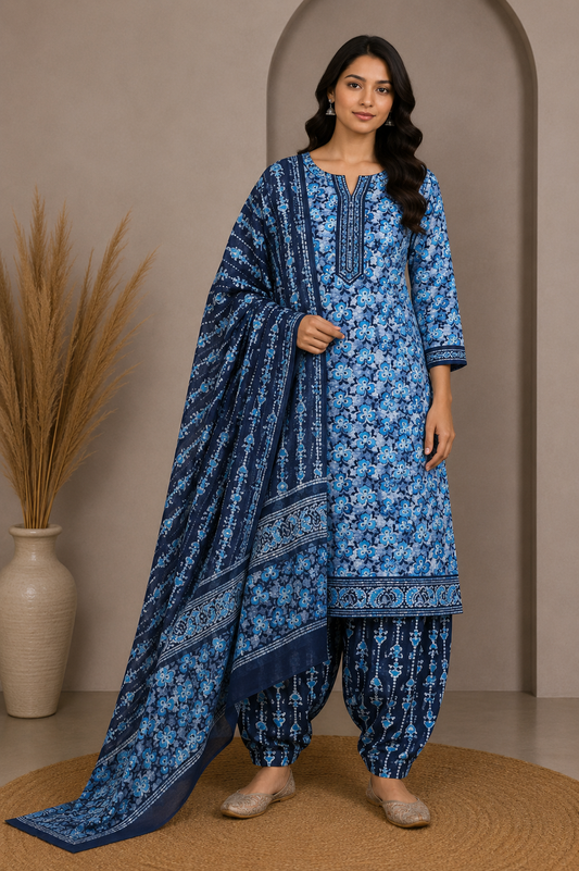 Wax Batik Cotton Three Colour Full Printed Hand Block Print Dress Material with 44 Inch wide Dupatta - 2.5 Mt Top    -  SKU : RA0540AL