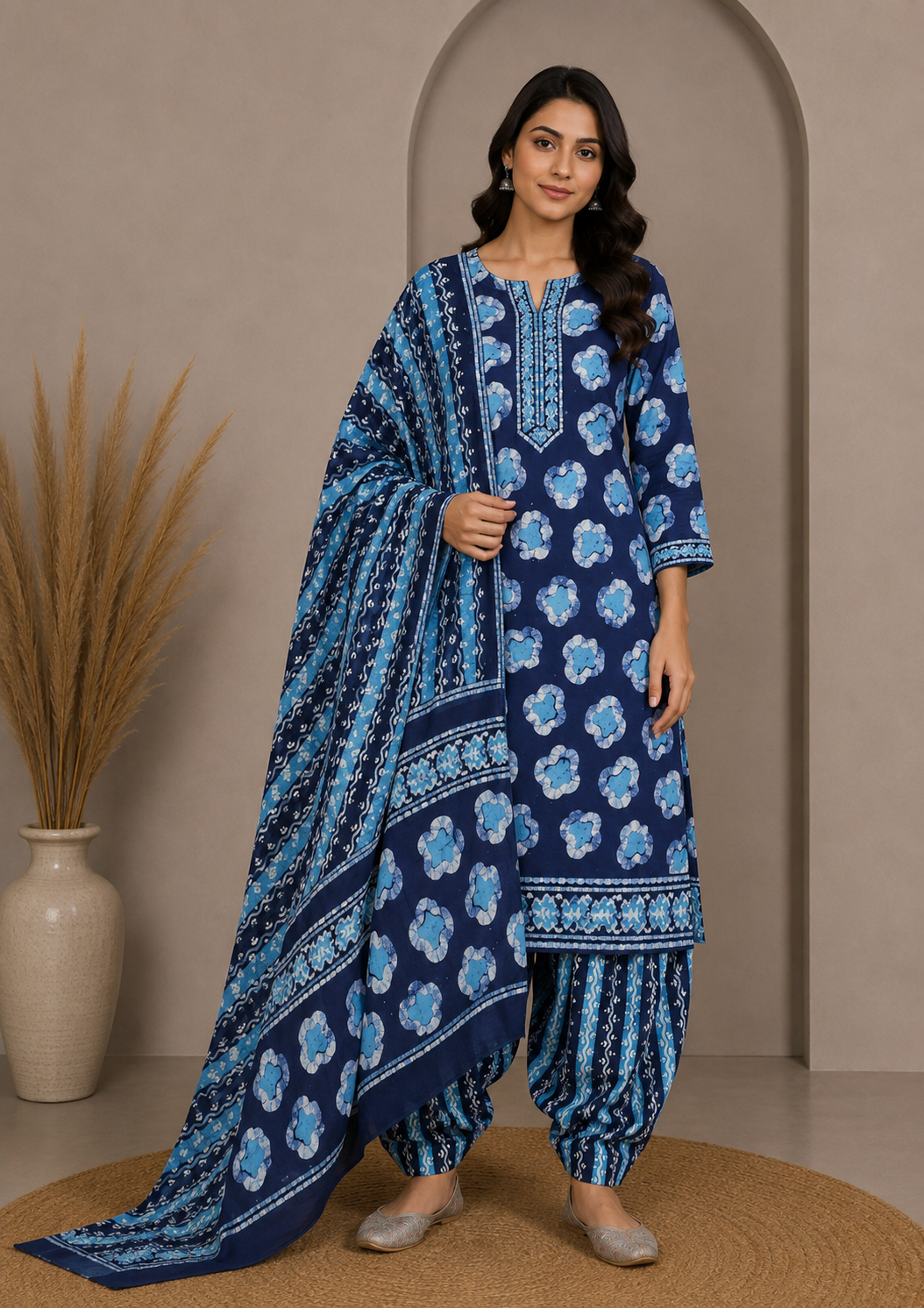 Wax Batik Cotton Three Colour Full Printed Hand Block Print Dress Material with 44 Inch wide Dupatta - 2.5 Mt Top    -  SKU : RA0540AU