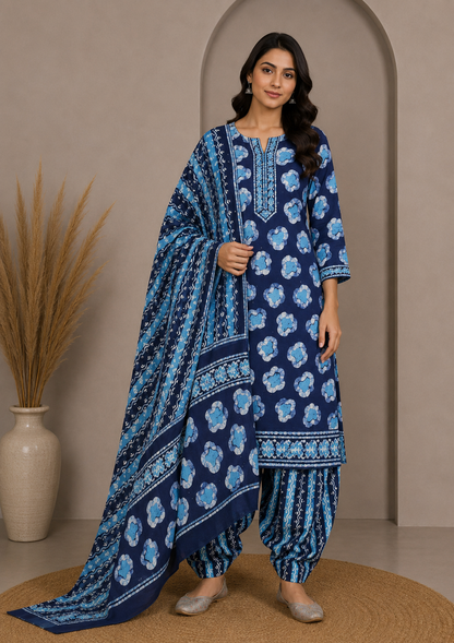Wax Batik Cotton Three Colour Full Printed Hand Block Print Dress Material with 44 Inch wide Dupatta - 2.5 Mt Top    -  SKU : RA0540AU