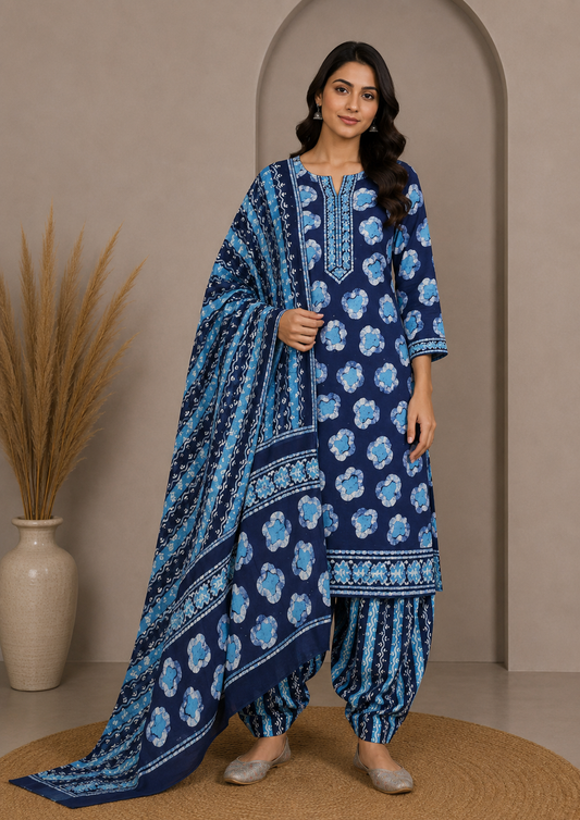 Wax Batik Cotton Three Colour Full Printed Hand Block Print Dress Material with 44 Inch wide Dupatta - 2.5 Mt Top    -  SKU : RA0540AU
