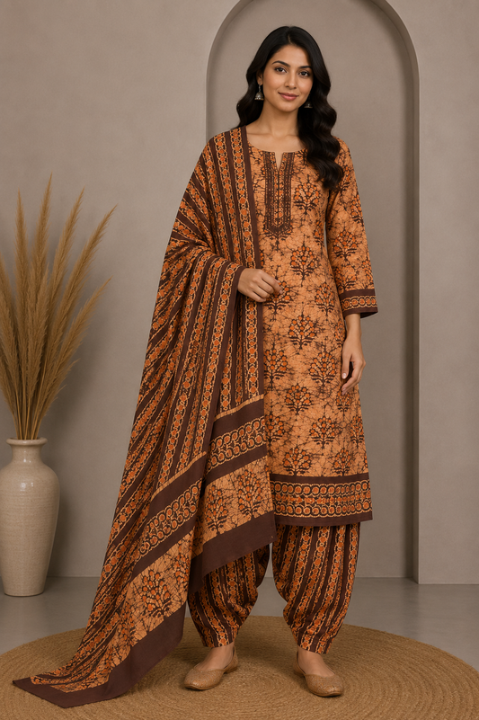 Wax Batik Cotton Three Colour Full Printed Hand Block Print Dress Material with 44 Inch wide Dupatta - 2.5 Mt Top    -  SKU : RA05401R