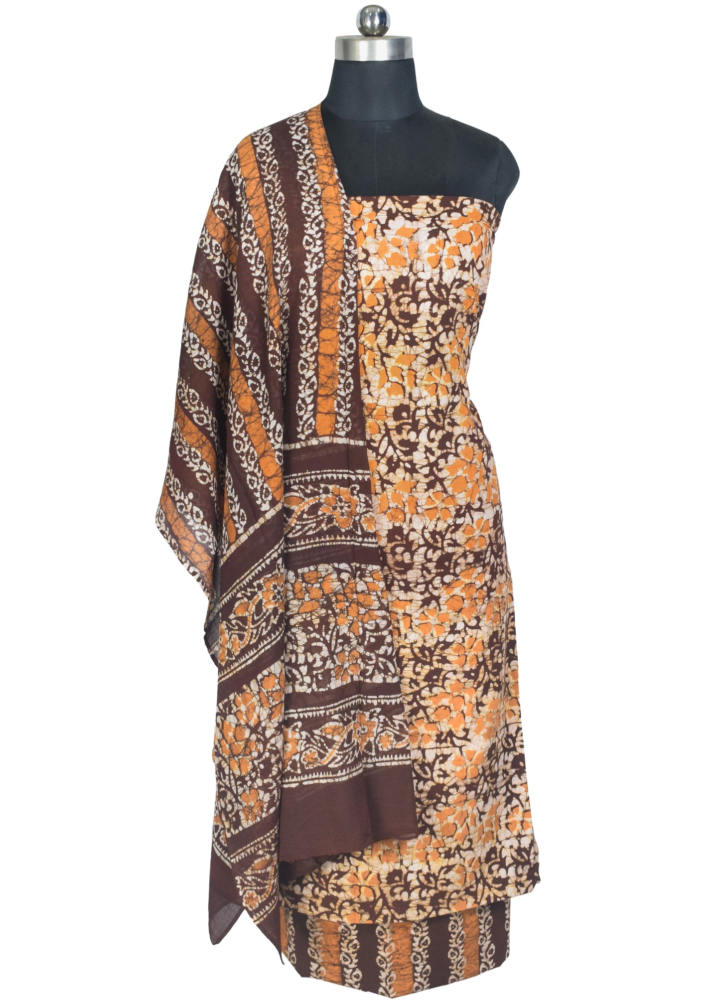 Wax Batik Cotton Three Colour Full Printed Hand Block Print Dress Material with 44 Inch wide Dupatta - 2.5 Mt Top    -  SKU : RA0540AQ