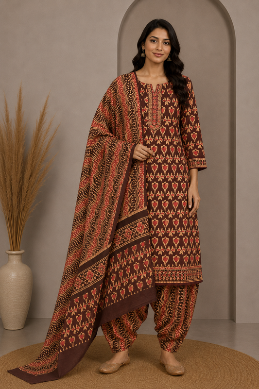 Wax Batik Cotton Three Colour Full Printed Hand Block Print Dress Material with 44 Inch wide Dupatta - 2.5 Mt Top    -  SKU : RA05401X