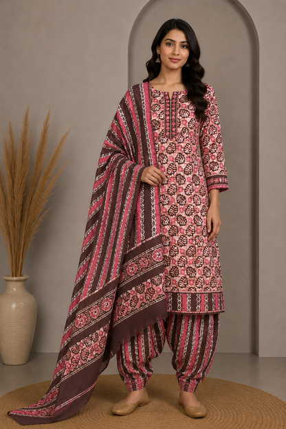 Wax Batik Cotton Three Colour Full Printed Hand Block Print Dress Material with 44 Inch wide Dupatta - 2.5 Mt Top    -  SKU : RA05401Z