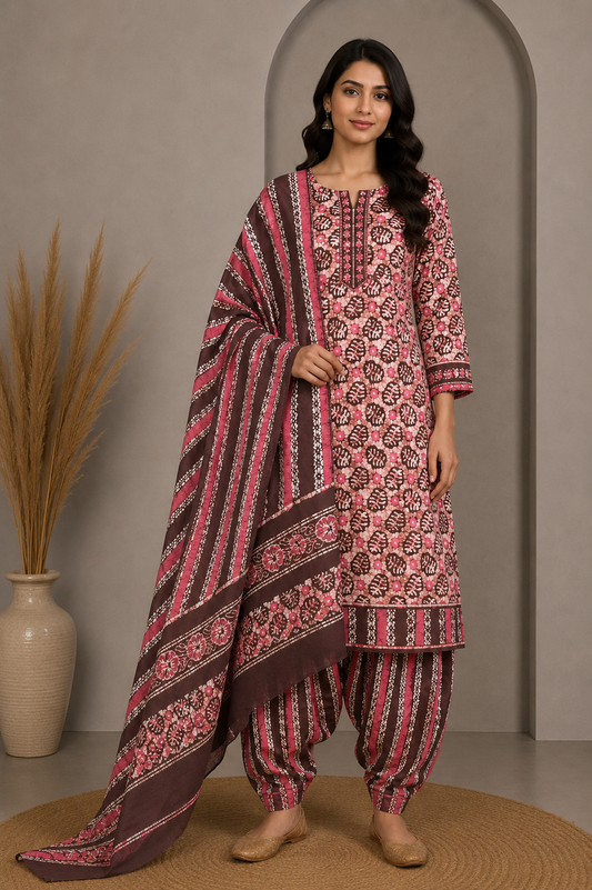 Wax Batik Cotton Three Colour Full Printed Hand Block Print Dress Material with 44 Inch wide Dupatta - 2.5 Mt Top    -  SKU : RA05401Z