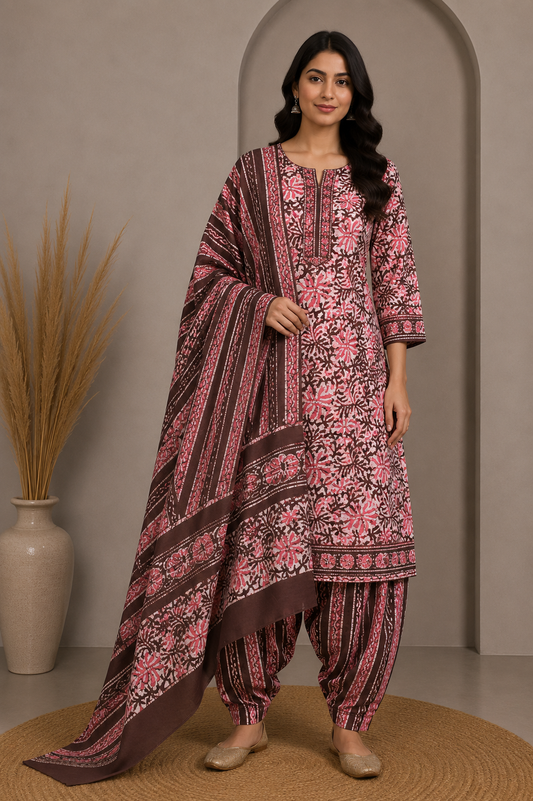 Wax Batik Cotton Three Colour Full Printed ( 3 Kam ) Hand Block Print Dress Material with 44 Inch wide Dupatta - 2.5 Mt Top    -  SKU : RA0540AZ