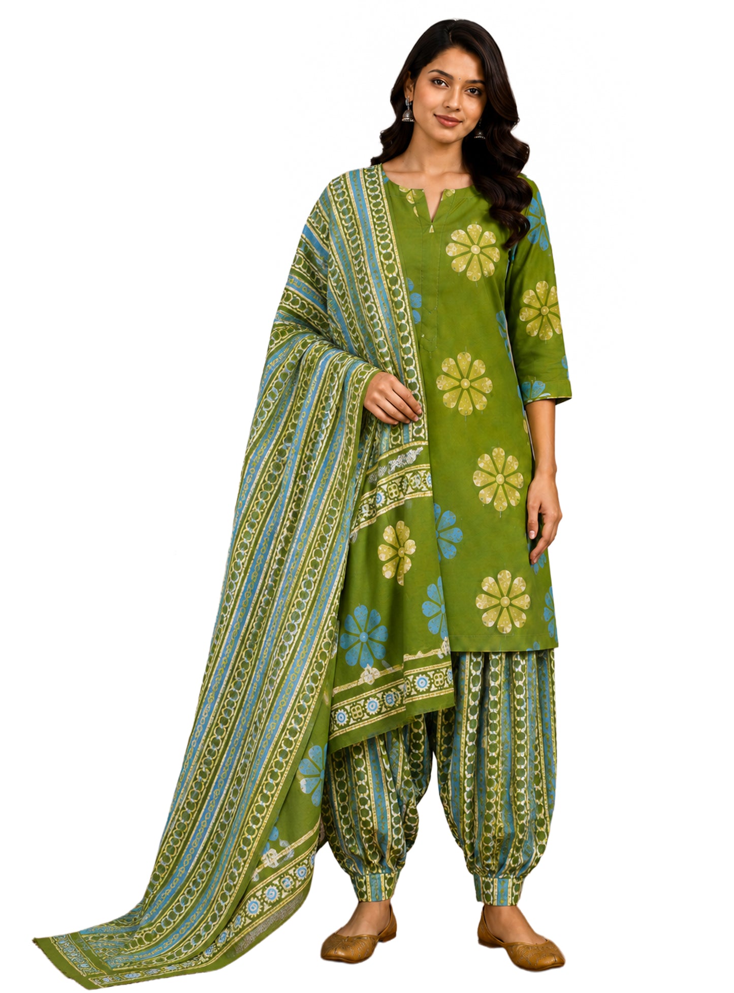 Wax Batik Cotton Three Colour Full Printed Hand Block Print Dress Material with 44 Inch wide Dupatta - 2.5 Mt Top    -  SKU : RA05401B