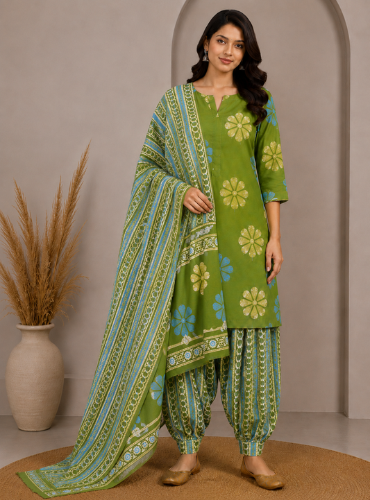 Wax Batik Cotton Three Colour Full Printed Hand Block Print Dress Material with 44 Inch wide Dupatta - 2.5 Mt Top    -  SKU : RA05401B