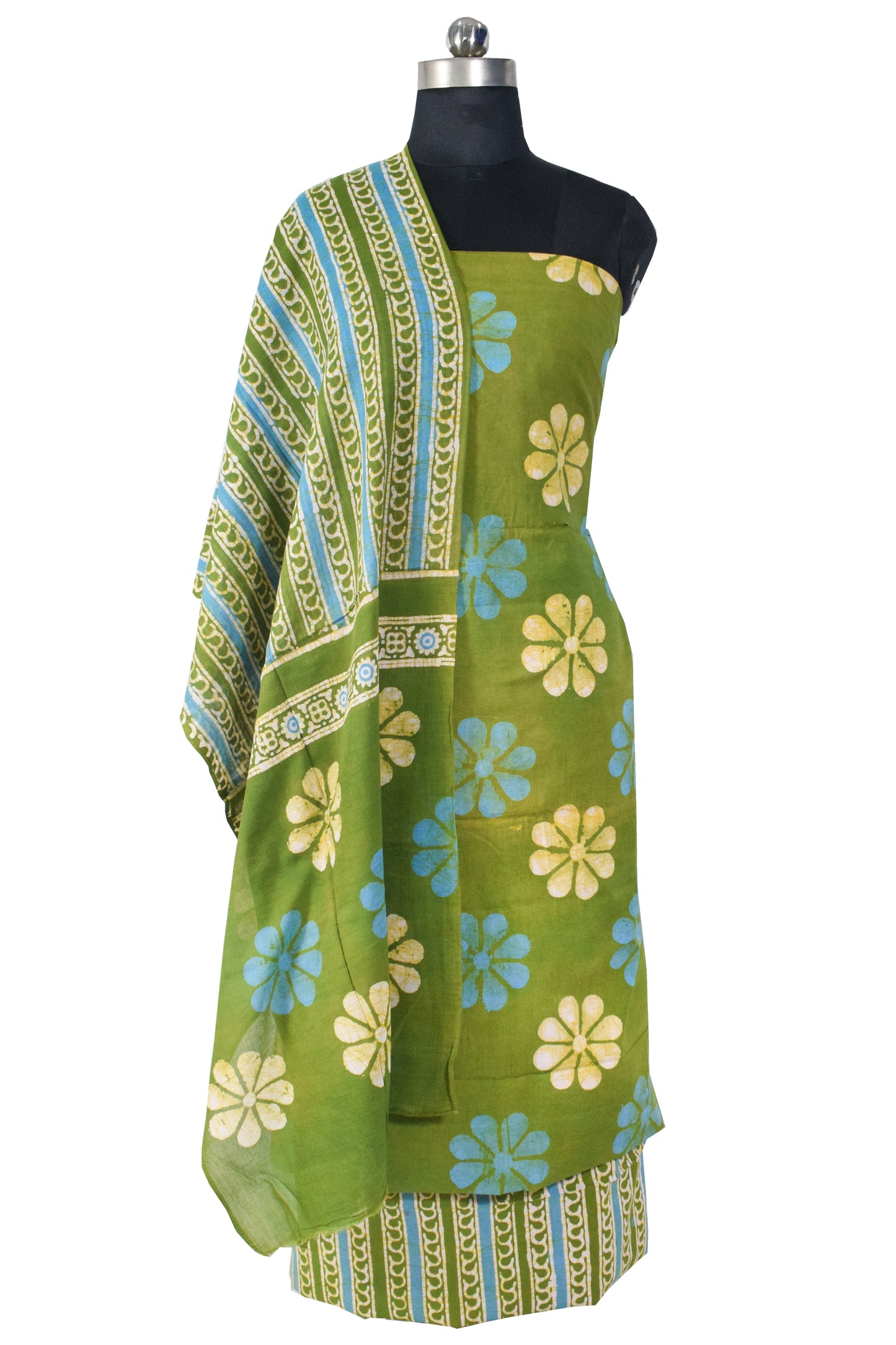 Wax Batik Cotton Three Colour Full Printed Hand Block Print Dress Material with 44 Inch wide Dupatta - 2.5 Mt Top    -  SKU : RA05401B