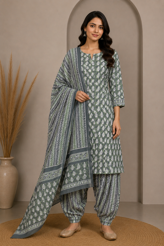 Wax Batik Cotton Three Colour Full Printed Hand Block Print Dress Material with 44 Inch wide Dupatta - 2.5 Mt Top    -  SKU : RA05401O