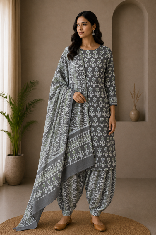 Wax Batik Cotton Three Colour Full Printed Hand Block Print Dress Material with 44 Inch wide Dupatta - 2.5 Mt Top    -  SKU : RA05401V