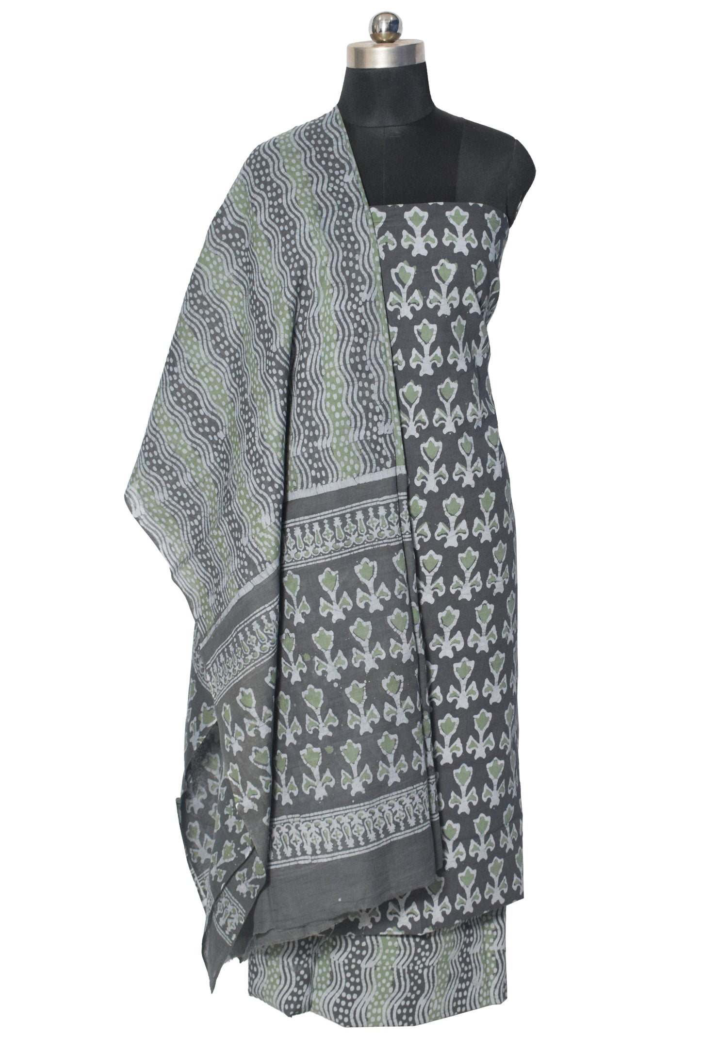 Wax Batik Cotton Three Colour Full Printed Hand Block Print Dress Material with 44 Inch wide Dupatta - 2.5 Mt Top    -  SKU : RA05401V