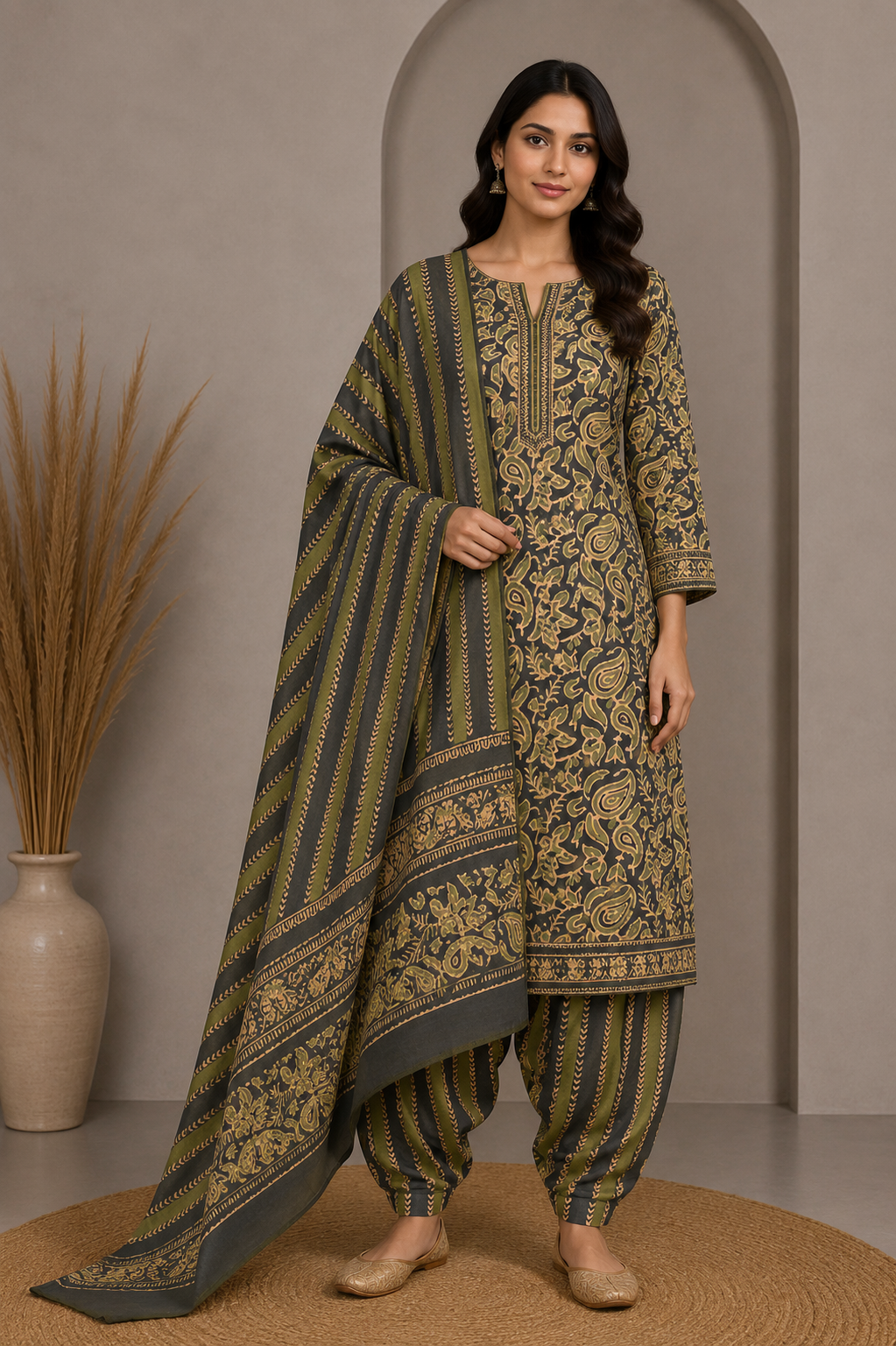 Wax Batik Cotton Three Colour Full Printed Hand Block Print Dress Material with 44 Inch wide Dupatta - 2.5 Mt Top    -  SKU : RA0540AG