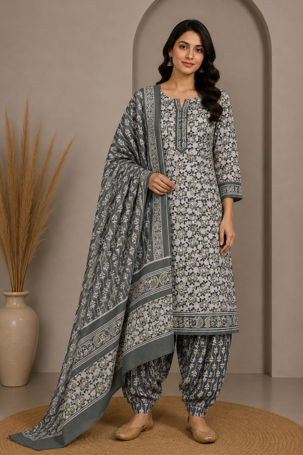 Wax Batik Cotton Three Colour Full Printed Hand Block Print Dress Material with 44 Inch wide Dupatta - 2.5 Mt Top    -  SKU : RA0540AM