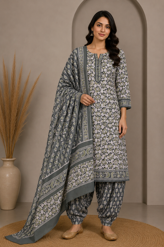 Wax Batik Cotton Three Colour Full Printed Hand Block Print Dress Material with 44 Inch wide Dupatta - 2.5 Mt Top    -  SKU : RA0540AM