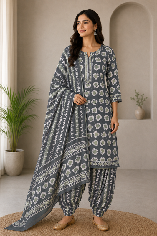 Wax Batik Cotton Three Colour Full Printed Hand Block Print Dress Material with 44 Inch wide Dupatta - 2.5 Mt Top    -  SKU : RA0540AW