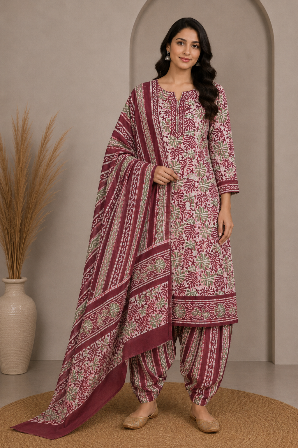 Wax Batik Cotton Three Colour Full Printed Hand Block Print Dress Material with 44 Inch wide Dupatta - 2.5 Mt Top    -  SKU : RA0540AA