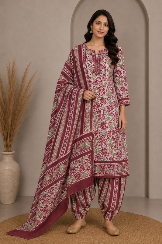 Wax Batik Cotton Three Colour Full Printed Hand Block Print Dress Material with 44 Inch wide Dupatta - 2.5 Mt Top    -  SKU : RA0540AA