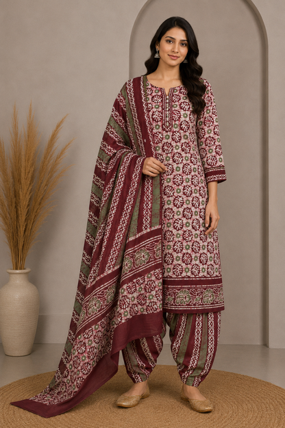 Wax Batik Cotton Three Colour Full Printed Hand Block Print Dress Material with 44 Inch wide Dupatta - 2.5 Mt Top    -  SKU : RA0540AY