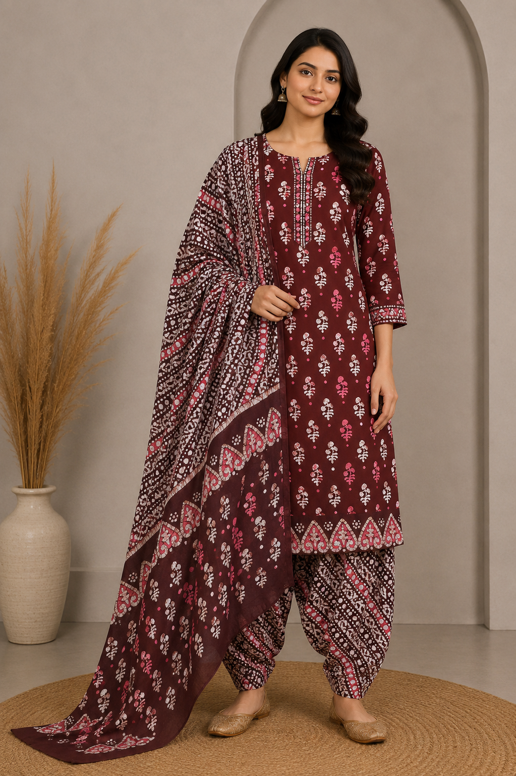 Wax Batik Cotton Three Colour Full Printed Hand Block Print Dress Material with 44 Inch wide Dupatta - 2.5 Mt Top    -  SKU : RA05401G