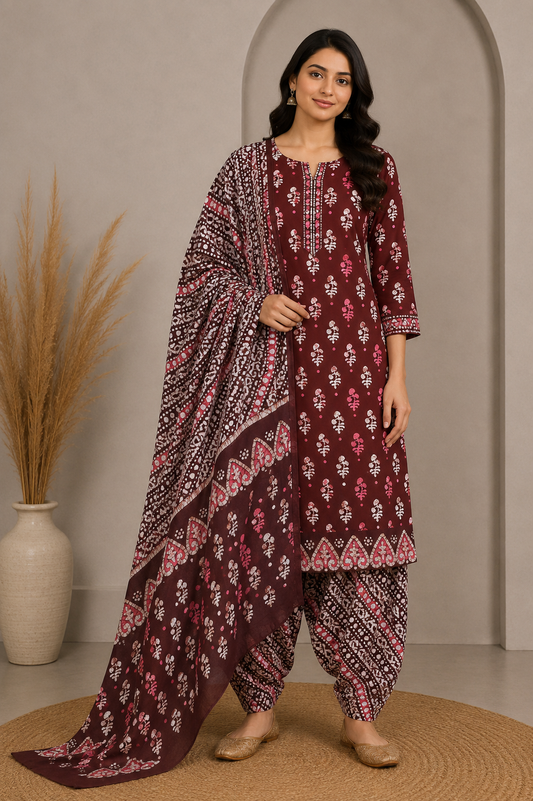 Wax Batik Cotton Three Colour Full Printed Hand Block Print Dress Material with 44 Inch wide Dupatta - 2.5 Mt Top    -  SKU : RA05401G