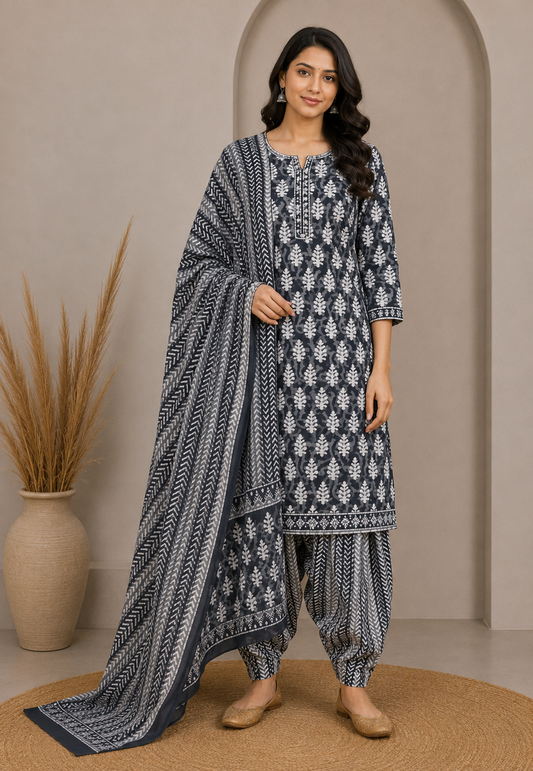 Wax Batik Cotton Three Colour Full Printed Hand Block Print Dress Material with 44 Inch wide Dupatta - 2.5 Mt Top    -  SKU : RA05401N