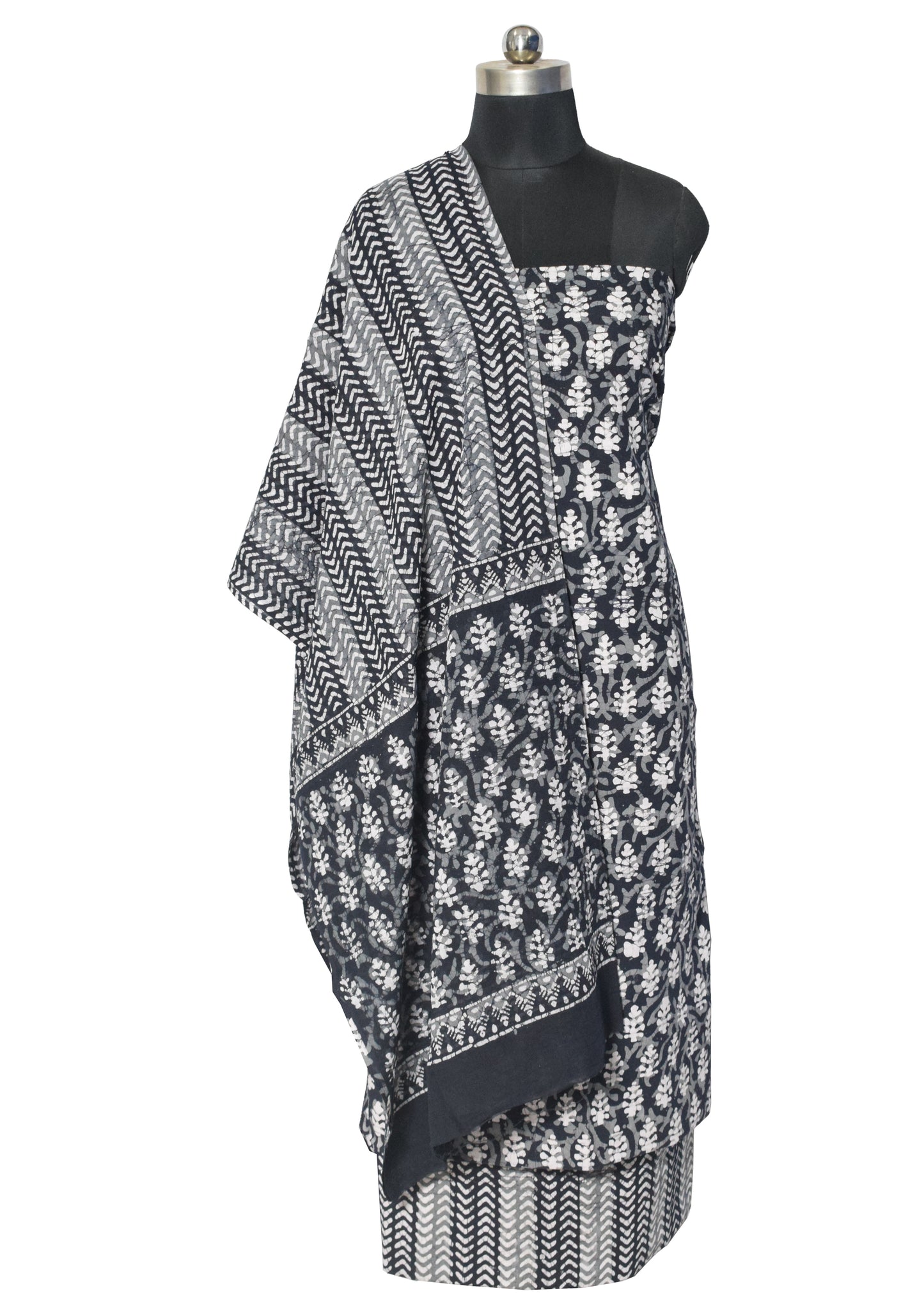 Wax Batik Cotton Three Colour Full Printed Hand Block Print Dress Material with 44 Inch wide Dupatta - 2.5 Mt Top    -  SKU : RA05401N