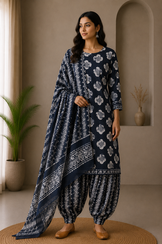Wax Batik Cotton Three Colour Full Printed Hand Block Print Dress Material with 44 Inch wide Dupatta - 2.5 Mt Top    -  SKU : RA0540AV