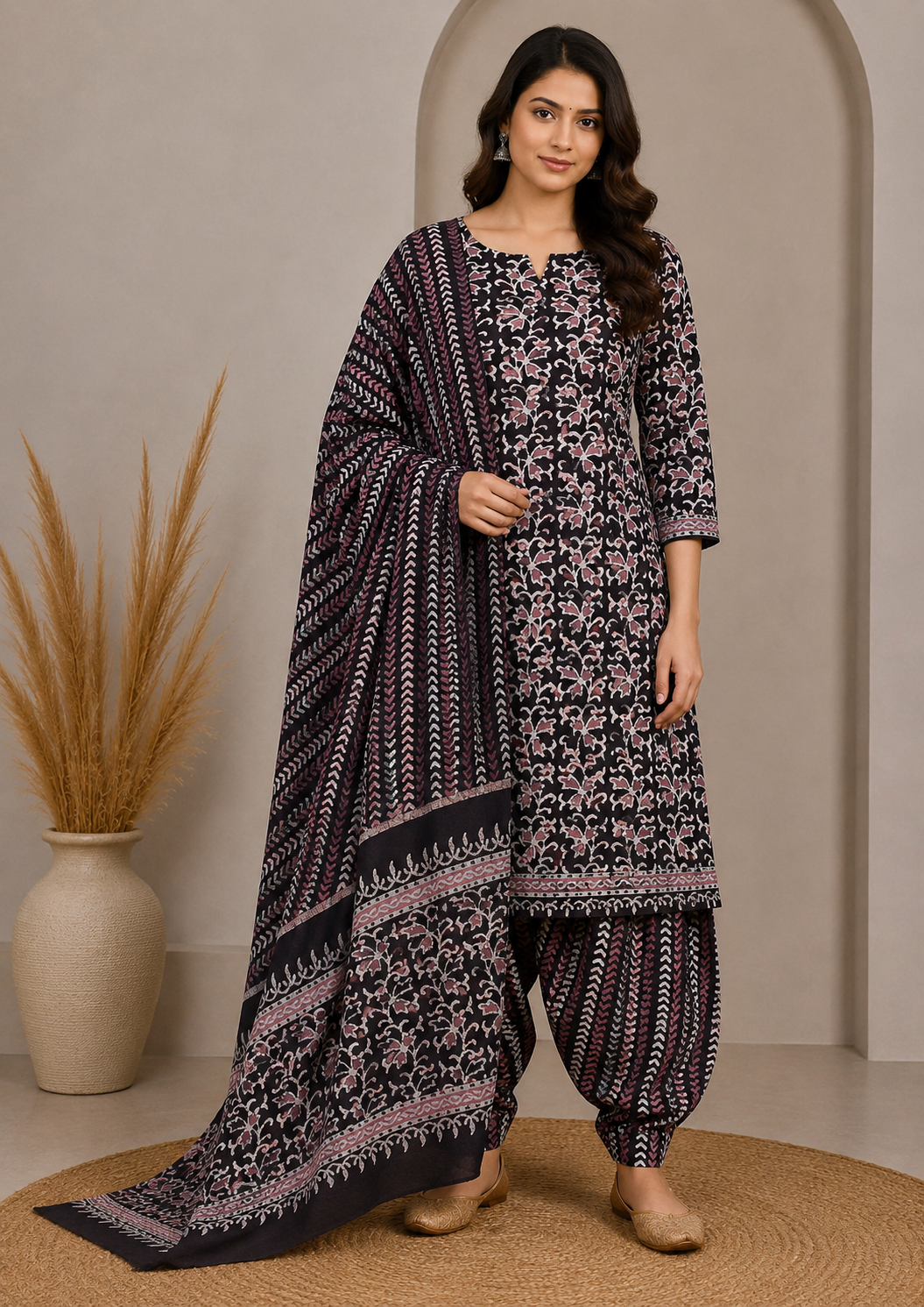 Wax Batik Cotton Three Colour Full Printed Hand Block Print Dress Material with 44 Inch wide Dupatta - 2.5 Mt Top    -  SKU : RA2160AP
