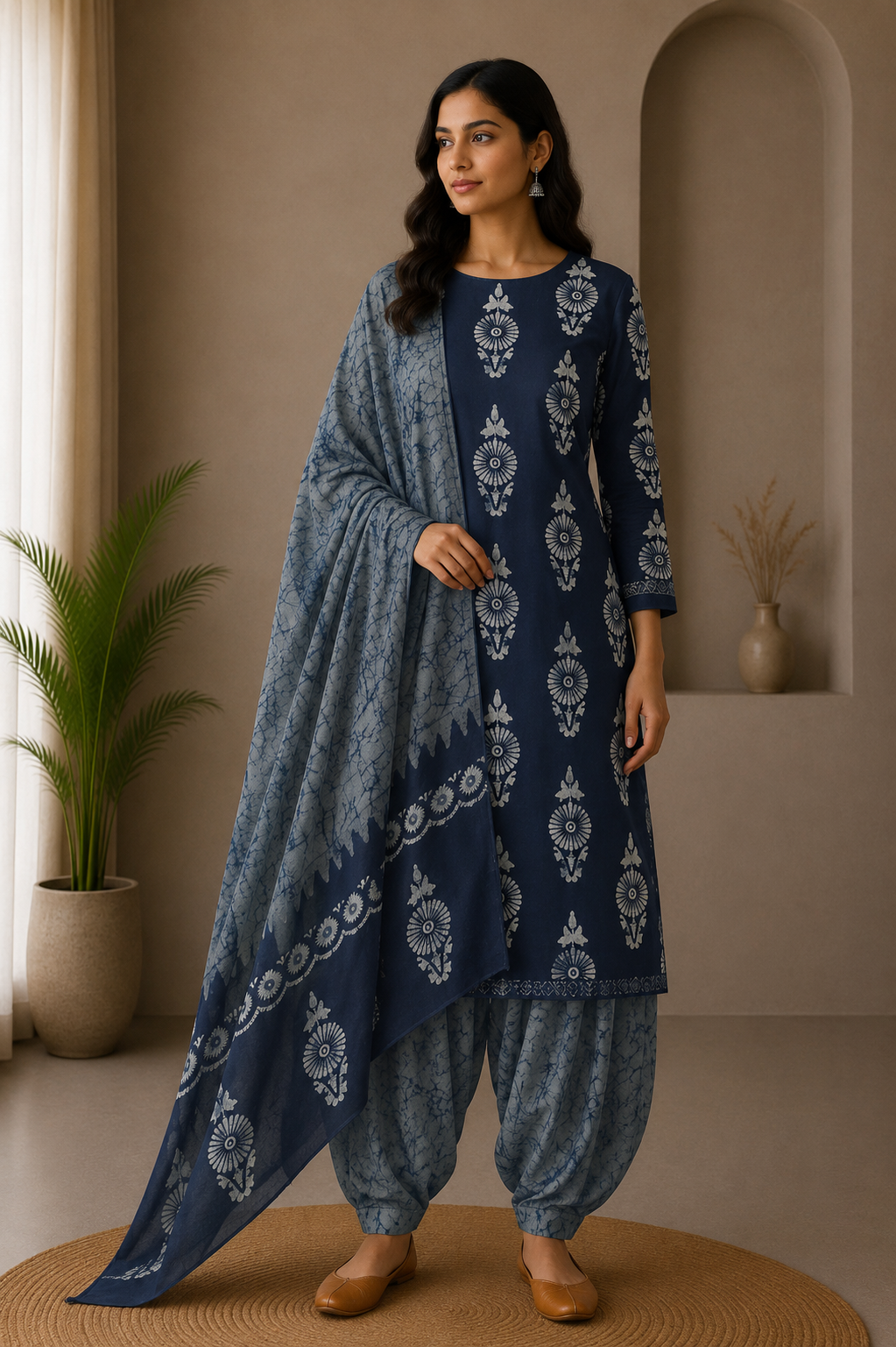 Wax Batik Cotton Three Colour Full Printed Hand Block Print Dress Material with 44 Inch wide Dupatta - 2.5 Mt Top    -  SKU : RA23B01B