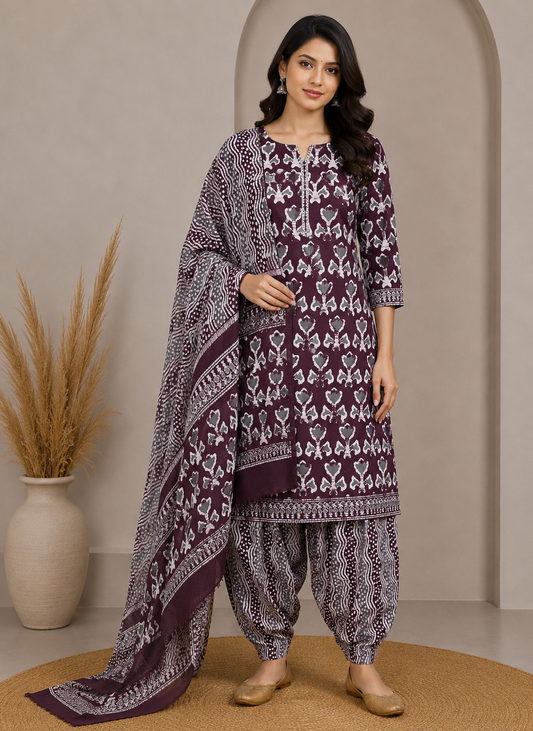 Wax Batik Cotton Three Colour Full Printed Hand Block Print Dress Material with 44 Inch wide Dupatta - 2.5 Mt Top    -  SKU : RA05401Y