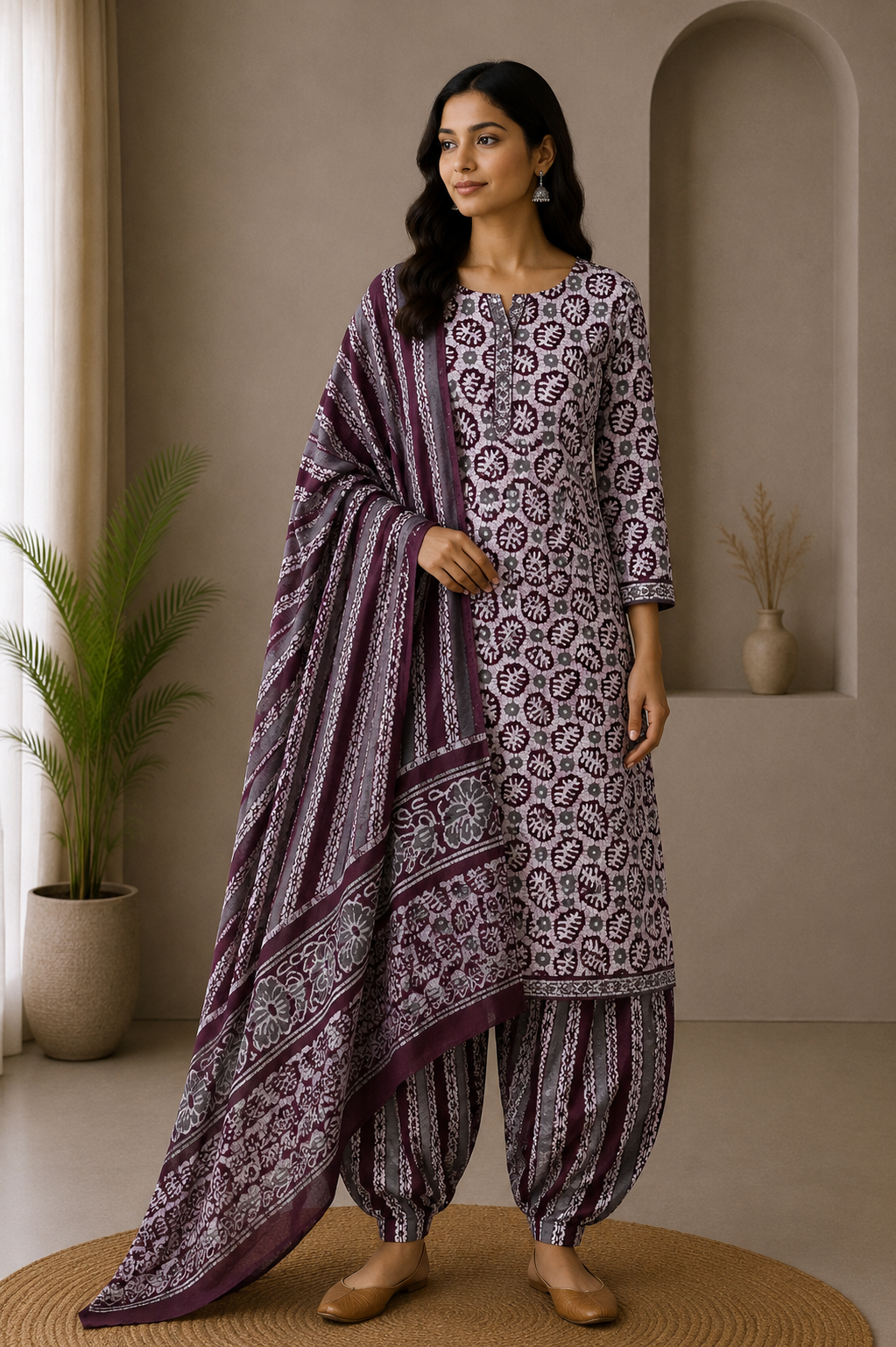 Wax Batik Cotton Three Colour Full Printed Hand Block Print Dress Material with 44 Inch wide Dupatta - 2.5 Mt Top    -  SKU : RA0540AD