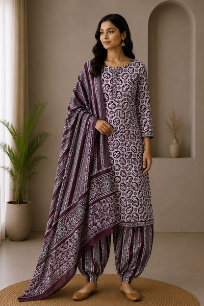 Wax Batik Cotton Three Colour Full Printed Hand Block Print Dress Material with 44 Inch wide Dupatta - 2.5 Mt Top    -  SKU : RA0540AD