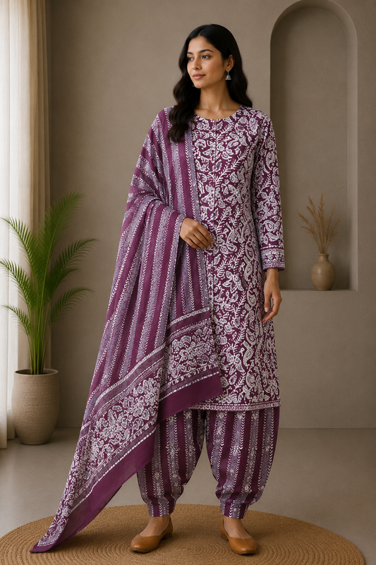 Wax Batik Cotton Three Colour Full Printed Hand Block Print Dress Material with 44 Inch wide Dupatta - 2.5 Mt Top    -  SKU : RA0540AI