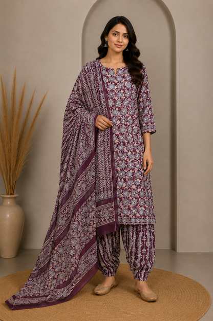 Wax Batik Cotton Three Colour Full Printed ( 3 Kam ) Hand Block Print Dress Material with 44 Inch wide Dupatta - 2.5 Mt Top   -  SKU : RA0540AN