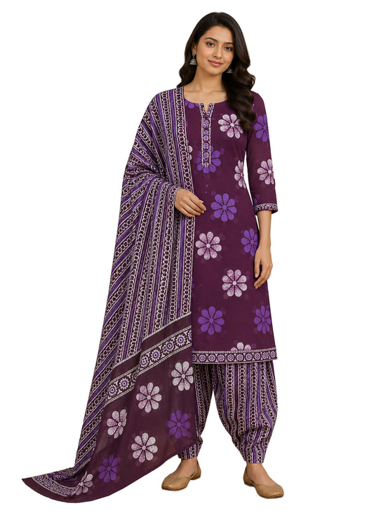 Wax Batik Cotton Three Colour Full Printed Hand Block Print Dress Material with 44 Inch wide Dupatta - 2.5 Mt Top    -  SKU : RA05401D
