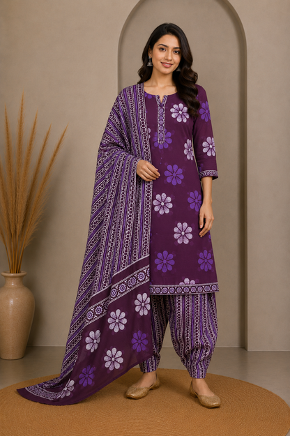 Wax Batik Cotton Three Colour Full Printed Hand Block Print Dress Material with 44 Inch wide Dupatta - 2.5 Mt Top    -  SKU : RA05401D