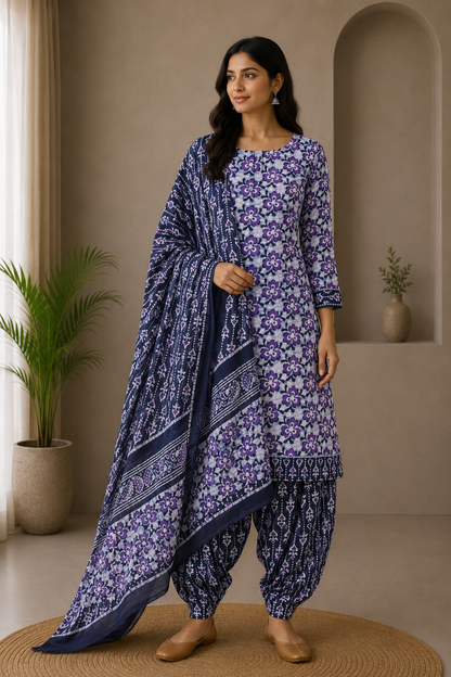 Wax Batik Cotton Three Colour Full Printed Hand Block Print Dress Material with 44 Inch wide Dupatta - 2.5 Mt Top    -  SKU : RA0540AK