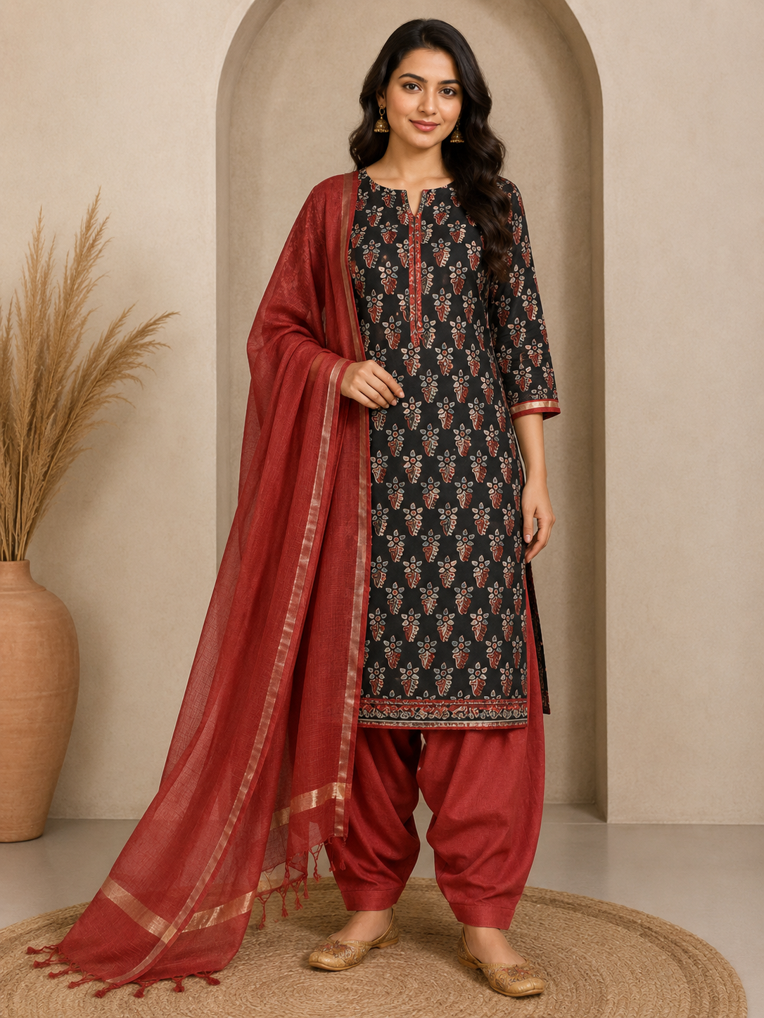 Ajrakh Cotton Natural Dye Hand Block Print Dress Material with Plain Bottom and Kota Doria Dupatta with Tassels - 2.5 Mt Top    -  SKU : AK08401D