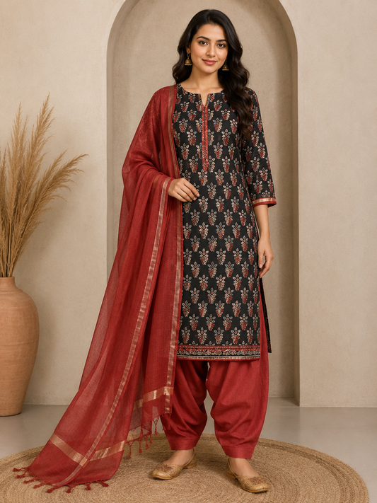 Ajrakh Cotton Natural Dye Hand Block Print Dress Material with Plain Bottom and Kota Doria Dupatta with Tassels - 2.5 Mt Top    -  SKU : AK08401D