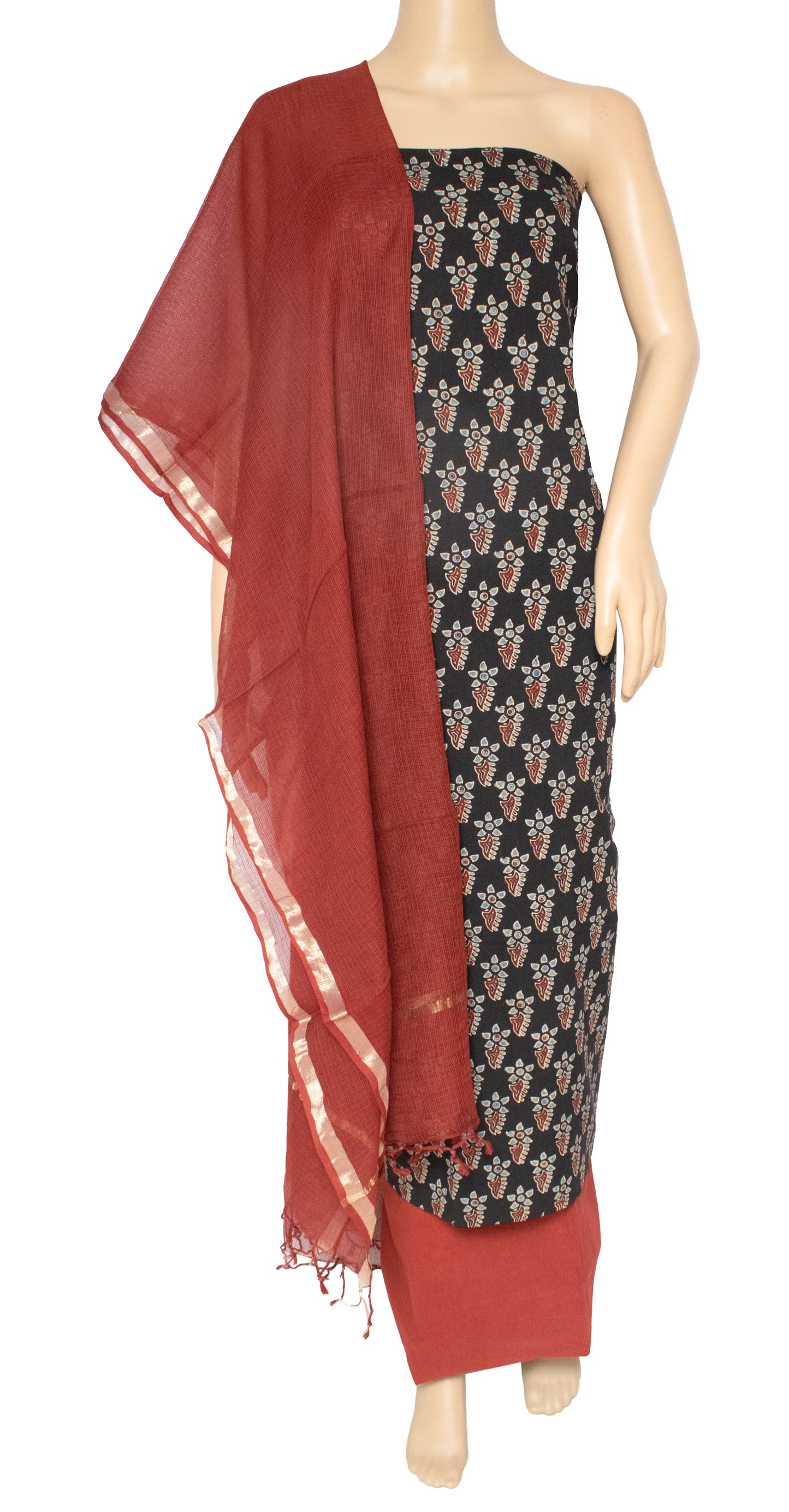 Ajrakh Cotton Natural Dye Hand Block Print Dress Material with Plain Bottom and Kota Doria Dupatta with Tassels - 2.5 Mt Top    -  SKU : AK08401D