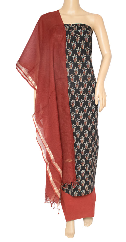 Ajrakh Cotton Natural Dye Hand Block Print Dress Material with Plain Bottom and Kota Doria Dupatta with Tassels - 2.5 Mt Top    -  SKU : AK08401D