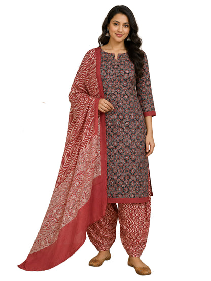 Hand Block Print Cotton Natural Dye Kantha Work Top Dress Material    -  SKU: MS10606F