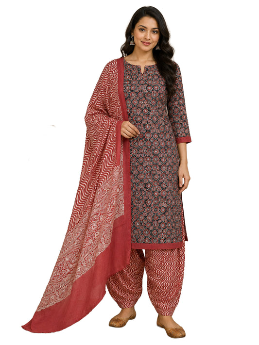 Hand Block Print Cotton Natural Dye Kantha Work Top Dress Material    -  SKU: MS10606F