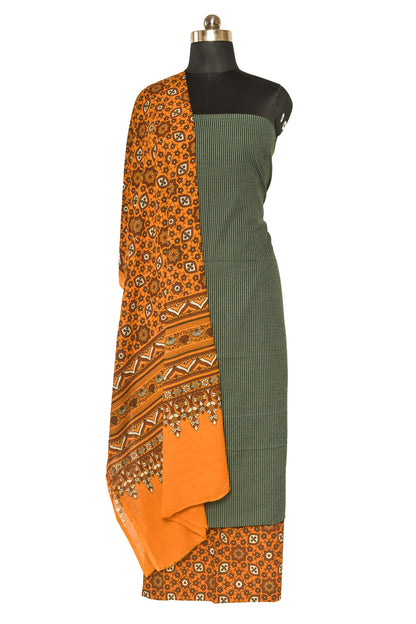 Ajrakh Cotton Natural Dye Kantha Work Bottom Screen Print Hand Printed Dress Material    -  SKU: ID24701C